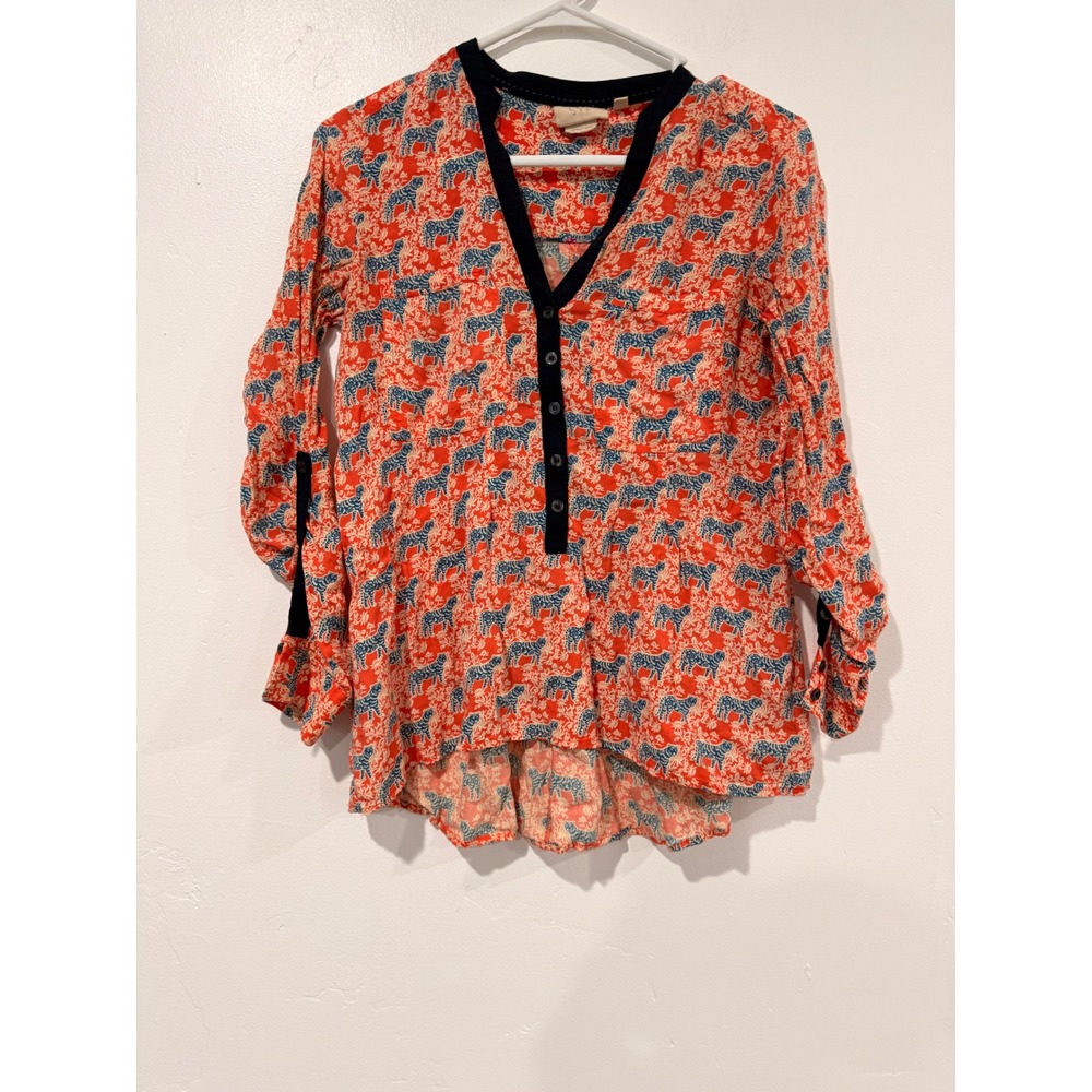 Vanessa Virginia Anthropologie Tiger Floral Print Henley Blouse Orange Blue S